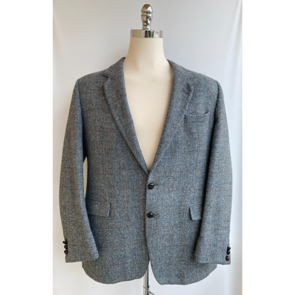 Vtg Donegal Tweed Blazer Men Herringbone Virgin Wool Ireland Blue 44R